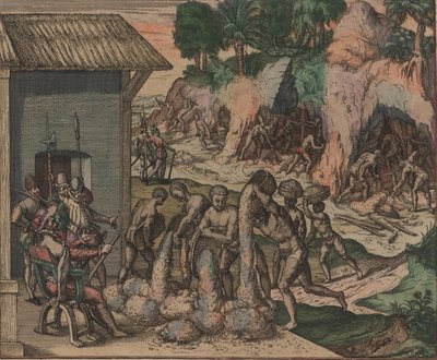 يسكب العبيد الخام أمام الجنود الأوروبيين. في الخلفية ، يعمل العبيد في المناجم ، 1595. بواسطة تيودور دي بري