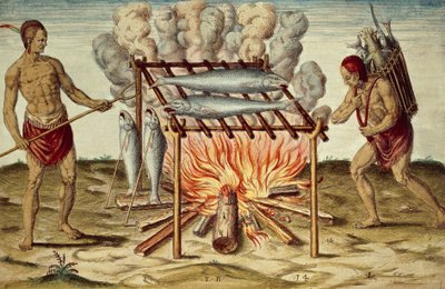 سكان تاينو الأصليون يطبخون السمك ، نقش ملون لثيودور دي بري (1528-1598) من لوحة جون وايت ، من تقرير موجز وحقيقي لأرض فيرجينيا المكتشفة حديثًا بواسطة تيودور دي بري