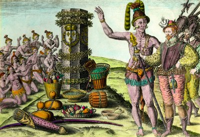 جاء أهل فلوريدا في العمود الذي قام به الملاح الفرنسي جان ريبولت (1520-1565) من أول رحلة استكشافية إلى فلوريدا نقش من "تاريخ أمريكا" بقلم تيودور دي بري (1528-1598) مجموعة خاصة من القرن السادس عشر بواسطة تيودور دي بري