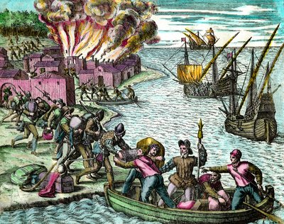 النهب الفرنسي وحرق مدينة تشيورران نقش من "تاريخ أمريكا" بقلم تيودور دي بري (1528-1598) مجموعة خاصة من القرن السادس عشر بواسطة تيودور دي بري