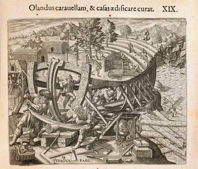 قام الإسبان ببناء أول سفينة لهم في العالم الجديد ، نقشًا بواسطة ثيودور دي بري (1528-1598) من أمريكا بواسطة تيودور دي بري