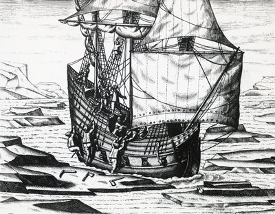سفينة ويليام بارنتس (حوالي 1550-1597) خلال الرحلة الاستكشافية الهولندية الثالثة للبحث عن الممر الشمالي الشرقي ، بقلم تيودور دي بري (1528-1598) ، نقش بواسطة تيودور دي بري