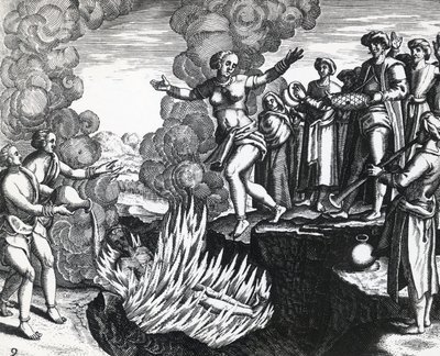 امرأة ترمي نفسها على محرقة زوجها ، بواسطة ثيودور دي بري (1528-1598) ، نقش بواسطة تيودور دي بري