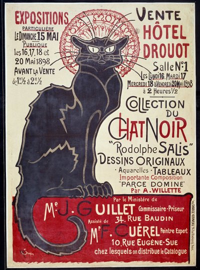 ملصق إعلاني يعلن عن بيع مجموعة Cat Noir في فندق Drouot عام 1898 وأعمال رودولف ساليس ، رسم توضيحي لثيوفيل ألكسندر شتاينلين (1859-1923) بواسطة ثيوفيل الكسندر شتاينلين