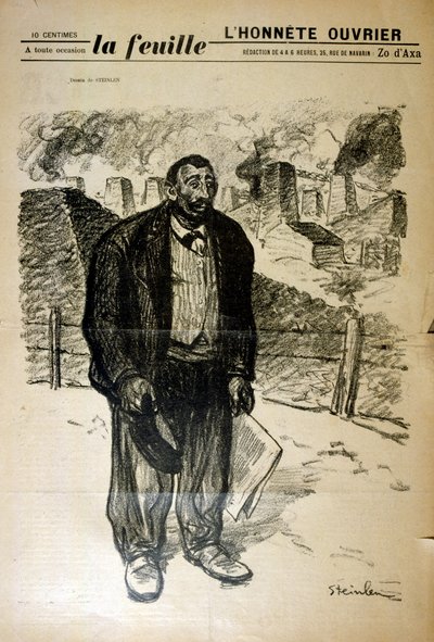 رسم لعامل مصنع فقير ضد مشهد صناعي ، بقلم ألكسندر شتاينلين (1859-1923) ، رسام وطباعة فرنسي من مواليد سويسرا. بواسطة ثيوفيل الكسندر شتاينلين