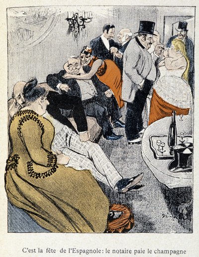 Filles et Marlous: إنه عيد الأسبان: كاتب العدل يدفع ثمن الشمبانيا - في "Dans la vie" ، بقلم شتاينلين 1901 (نفس الرسم مثل رقم 27695) بواسطة ثيوفيل الكسندر شتاينلين