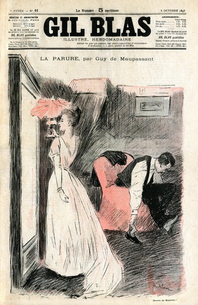 رسم توضيحي من Steinlen للقصة القصيرة لـ Guy de Maupassant "" The Parure ". مدام لوسيل تنظر إلى نفسها في المرآة بينما يخلع زوجها حذائها. وجدت أنها فقدت العقد (نهر الماس) الذي أعارتها لها صديقتها مدام فورس بواسطة ثيوفيل الكسندر شتاينلين