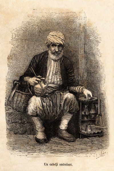 بائع مقهى (cafedji) يسافر في سوق Trebizonde (حاليًا طرابزون ، على ساحل البحر الأسود) ، نقشًا بعد رسم للراوي ، يوضح رحلة إلى Lazistan وأرمينيا ، عام 1869 ، بواسطة Theophile Deyrolle ، تم نشره في "" Le to بواسطة ثيوفيل لويس ديرول