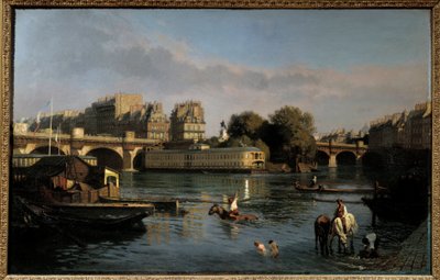 الجسر الجديد وطرف Ile de la Cite. منظر لباريس. لوحة لثيوفيل مونييه (1800-1884) بواسطة تيوفيل مونييه