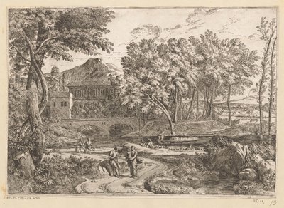 منظر أركادي مع قطيع من الماعز بجانب الماء وأم وطفل على طريق مع شخصيات أخرى Suite de Paysages (عنوان السلسلة) بواسطة جان فرانسوا ميليت (الثاني)