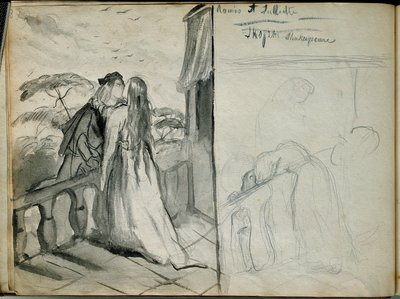 عشاق Les Romeo et Juliet رسم توضيحي للقطعة التي تحمل نفس الاسم لوليام شكسبير (1564-1616) والتي تمثل العشاق يقبلون على الشرفة. رسم لثيودور شاسيرو (1819-1856) باريس. متحف اللوفر بواسطة تيودور شاسريو