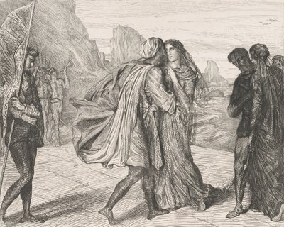 يا محاربي العادل!: اللوحة 5 من قانون عطيل 2 ، المشهد 1 ، محفور عام 1844 ، أعيد طبعه عام 1900. بواسطة تيودور شاسريو