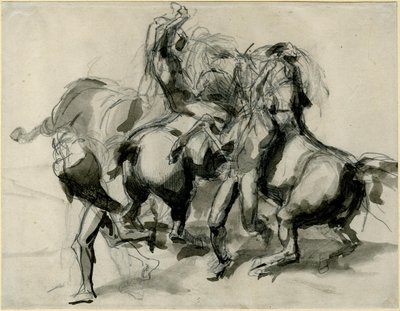 منسوب إلى ثيودور جيريكولت - رسم تخطيطي لقتال بالخيول والرجال، 1913,0114.8 بواسطة ثيودور جيريكولت