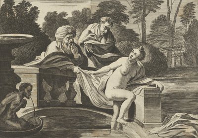 سوزانا عارية جزئيًا وتخرج من نافورة مع شيخين على اليسار ، أحدهما ... ، كاليفورنيا. 1656-60. بواسطة تيودوروس فان كيسيل