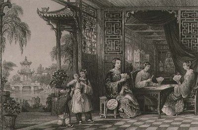 سيدات عائلة الماندرين في البطاقات ، من "الصين في سلسلة من المناظر" لجورج نيوينهام رايت (1790-1877) 1843 (نقش) بواسطة توماس (بعد) ألوم