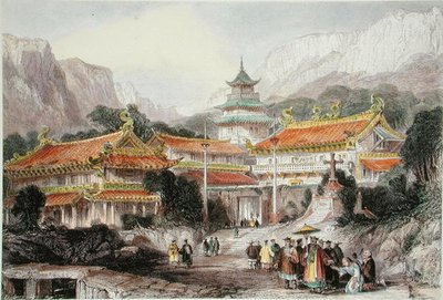 المعبد الكبير في بو-تو ، جزر تشوزان ، حوالي عام 1850 (ليثو ملون) بواسطة توماس (بعد) ألوم