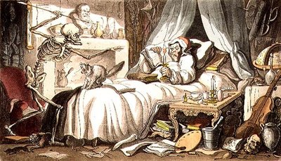 "الفطريات ، بإسهاب ، تبتكر لإدخال / Death's Dart إلى مجلس الوزراء" ، من حانة "English Dance of Death". بواسطة رودولف أكرمان (1764-1834) 1814 (أكواتينت) بواسطة توماس (بعد) رولاندسون