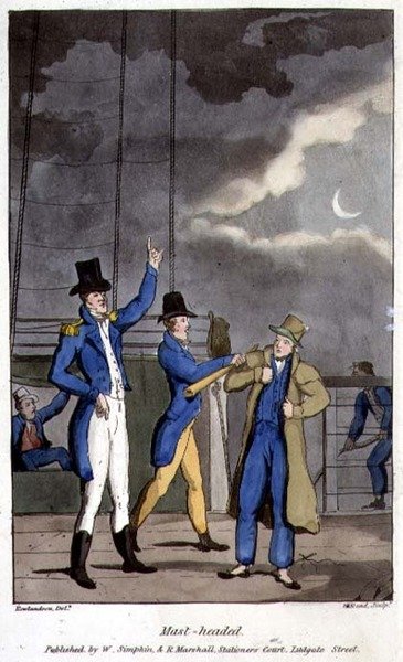 لوحة برأس صاري من "مغامرات جوني نيوكوم في البحرية" بقلم جون ميتفورد (1782-1831) نقشها و. ريد بواسطة توماس (بعد) رولاندسون