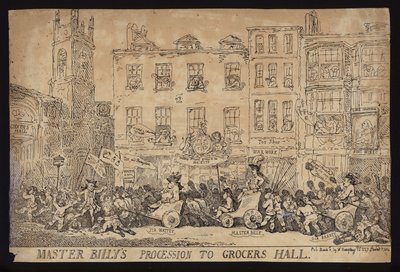 موكب السيد بيلي إلى قاعة البقالة ؛ هجاء سياسي حول موكب ويليام بيت الأصغر إلى Grocers Hall لتلقي حرية مدينة لندن بواسطة توماس (بعد) رولاندسون