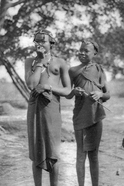فتيات صغيرات بالعصي في أنوفهن وشفاههن ، تراككا إلى أويل ، السودان ، 1925 1927 بواسطة توماس أ. جلوفر