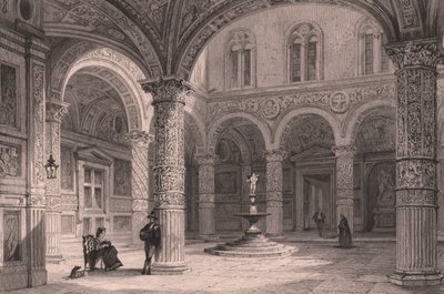 فناء Palazzo Vecchio في فلورنسا ، توسكانا ، إيطاليا ، نقش على الصلب لجيمس تينجل (نشط حوالي 1830-1860) بعد الرسم بواسطة توماس ألوم (1804-1872) ، حوالي 21 × 15 سم بواسطة توماس ألوم
