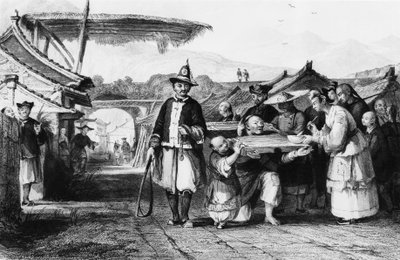 العقاب باستخدام tcha أو cangue (نير خشبي أو مخدر) ، نقش بواسطة Thomas Allom (1804-1872) من الإمبراطورية الصينية بواسطة توماس ألوم