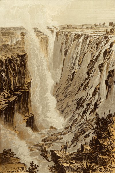 سقوط فيكتوريا ، زامبيزي ، من الطرف الشرقي من الهوة (chromolitho) بواسطة توماس بينز