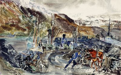 عربة الفحم المحلية وسفن الصيد ، Seydisfjordur ، أيسلندا (ألوان مائية على ورق) بواسطة توماس باركلي هينيل