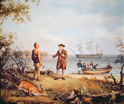 William Penn arrives in America for the first time and meets a Native American in 1682 (oil on canvas) بواسطة توماس بيرش