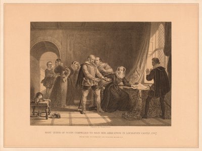 اضطرت ماري ملكة الاسكتلنديين إلى التوقيع على التنازل عنها في قلعة لوخليفين ، 1567 ، 1878 بواسطة توماس براون