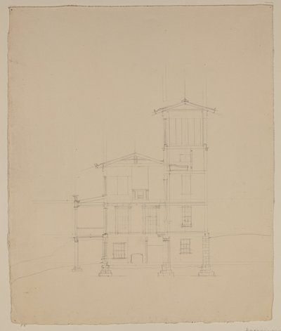 رسم فيلا مقترحة في كاتسكيل ، حوالي 1801-48 (قلم رصاص من الجرافيت على ورق منسوج أبيض باهت) بواسطة توماس كول