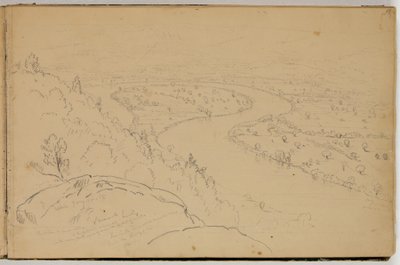 بانوراما Oxbow على نهر كونيتيكت كما تُرى من جبل هوليوك ، حوالي عام 1832 (قلم رصاص على ورق) بواسطة توماس كول