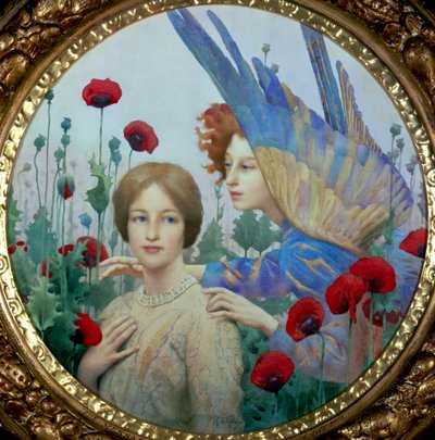 "الرسالة" امرأة شابة وملاك في حقل من الخشخاش. لوحة رسمها توماس كوبر غوتش (1854-1931) (بريرافائيليت) مجموعة خاصة بواسطة توماس كوبر جوتش