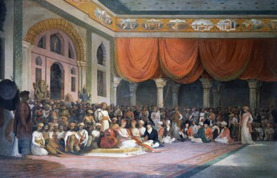 عقد تشارلز واري ماليت معاهدة مع بيشوا إمبراطورية المراثا عام 1790 في دوربار بواسطة توماس دانييل