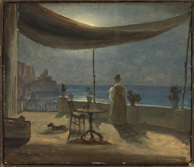 شرفة في أمالفي في ضوء القمر ، حوالي عام 1834 (زيت على ورق مُثبت على لوح) بواسطة توماس فيرنلي