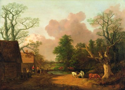 منظر طبيعي مع أشكال ومباني مزرعة ولبن ، حوالي 1754-6 (زيت على قماش) بواسطة توماس غينزبورو