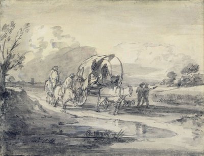 منظر طبيعي مفتوح مع رعاة وعربة مغطاة ، c.1780-85 (غسيل رمادي وأسود وطباشير موضوع على ورق) بواسطة توماس غينزبورو