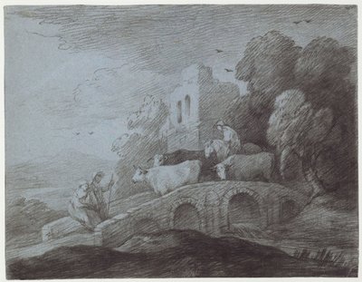 المناظر الطبيعية المشجرة مع الماشية القيادة Herdsman (النقش على الورق) بواسطة توماس غينزبورو