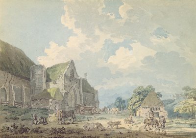 The Tithe Barn at Abbotsbury with the Abbey on the Hill ... ، c.1795 (مرحاض فوق الجرافيت على الورق) بواسطة توماس غيرتين