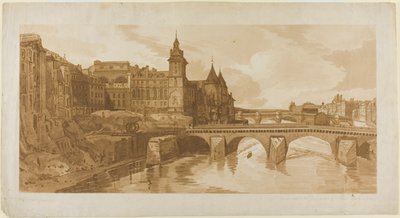 منظر لـ Pont au Change ، ومسرح المدينة ، و Pont Neuf ، وسجن Conciergerie ، وما إلى ذلك مأخوذ من Pont Notre Dame ، من مجموعة مختارة من عشرين من أكثر المناظر الخلابة في باريس بواسطة توماس غيرتين