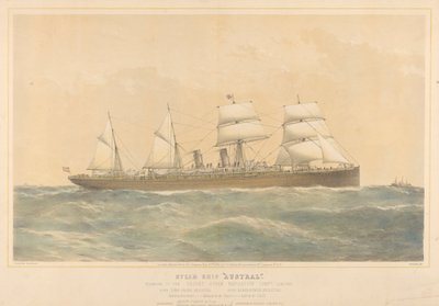 السفينة البخارية أوسترال التابعة لشركة الشرق للملاحة البخارية المحدودة، حوالي 1868-1874 (طباعة حجرية ملونة) بواسطة توماس جولدسوورث دوتون