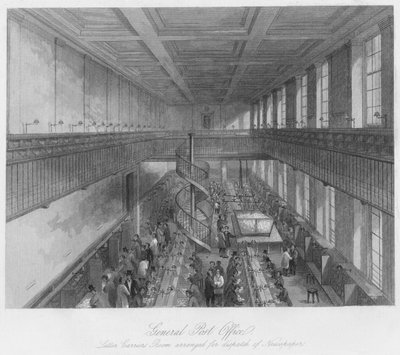مكتب البريد العام. ترتيب غرفة حاملات الرسائل لإرسال الصحف ، c1841 بواسطة توماس إتش إليس