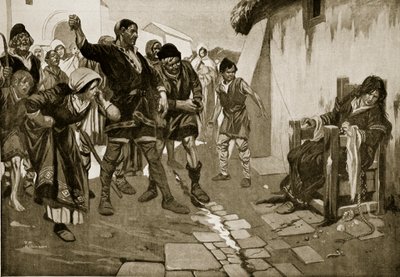 كرسي الوقواق في العصر النورماندي، رسم توضيحي من "قصة الأمة البريطانية لهتشينسون"، حوالي عام 1920 (مطبوعة حجرية) بواسطة توماس هيث روبنسون