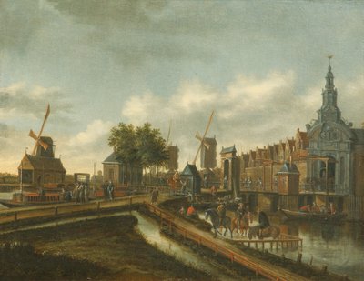 "Haarlemmer Poort" في أمستردام مع شخصيات على طريق وفي قوارب (زيت على قماش) بواسطة توماس هيرمانز