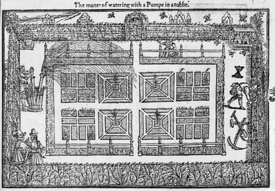أخلاق الري بمضخة في الحوض ، من The Gardeners Labyrinth ، 1577 بواسطة توماس هيل