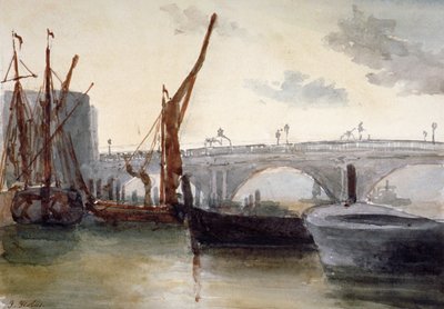 منظر لجسر بلاكفريارز ، مع قوارب في المقدمة ، لندن ، c1835 بواسطة توماس هوليس