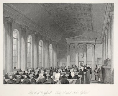 بنك إنجلترا - مكتب خمسة باوند نوت ، من حانة "London Interiors with the Costumes and Ceremonies". جوزيف ميد ، لندن ، 1843 (نقش الفولاذ) بواسطة توماس هوسمر شيبرد