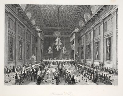 قاعة الماسونيين ، من حانة "London Interiors with the Costumes and Ceremonies". جوزيف ميد ، لندن ، 1843 (نقش الفولاذ) بواسطة توماس هوسمر شيبرد