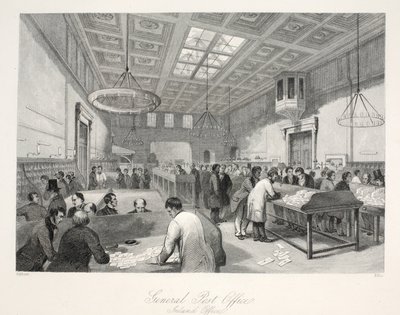 مكتب البريد العام ، المكتب الداخلي ، من حانة "London Interiors مع حانة الأزياء والاحتفالات" الخاصة بهم. جوزيف ميد ، لندن ، 1843 (نقش الفولاذ) بواسطة توماس هوسمر شيبرد