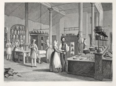 نادي الإصلاح - المطبخ ، من حانة "لندن إنتيريورز مع حانة الأزياء والاحتفالات الخاصة بهم". جوزيف ميد ، لندن ، 1843 (نقش الفولاذ) بواسطة توماس هوسمر شيبرد